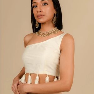 Cream Tassel Blouse with gold foil detailing. Off the shoulder.